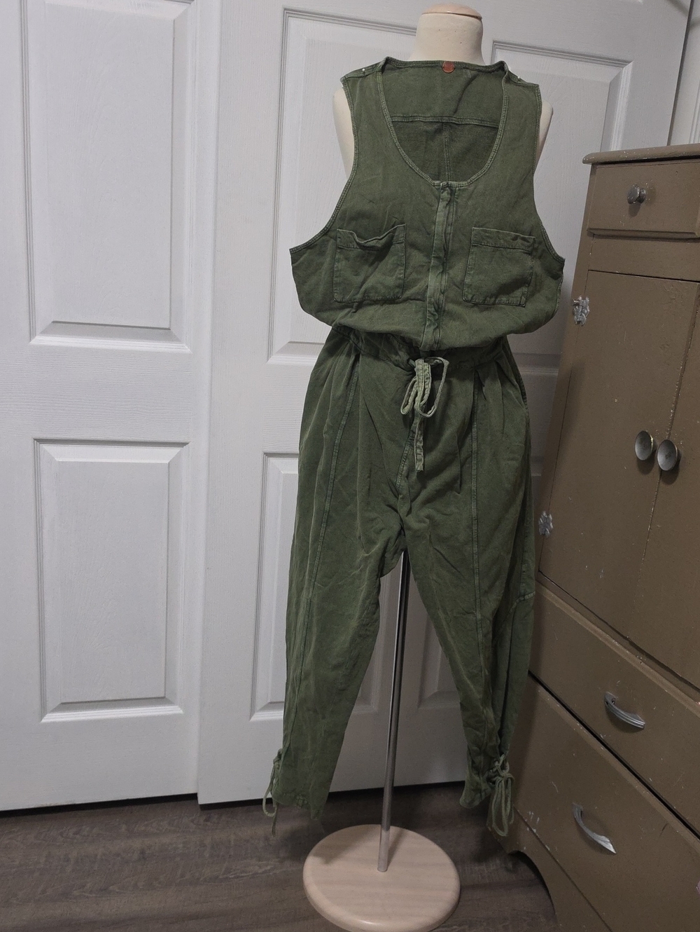 Free People Olive Utility Jumpsuit with Drawstring Waist